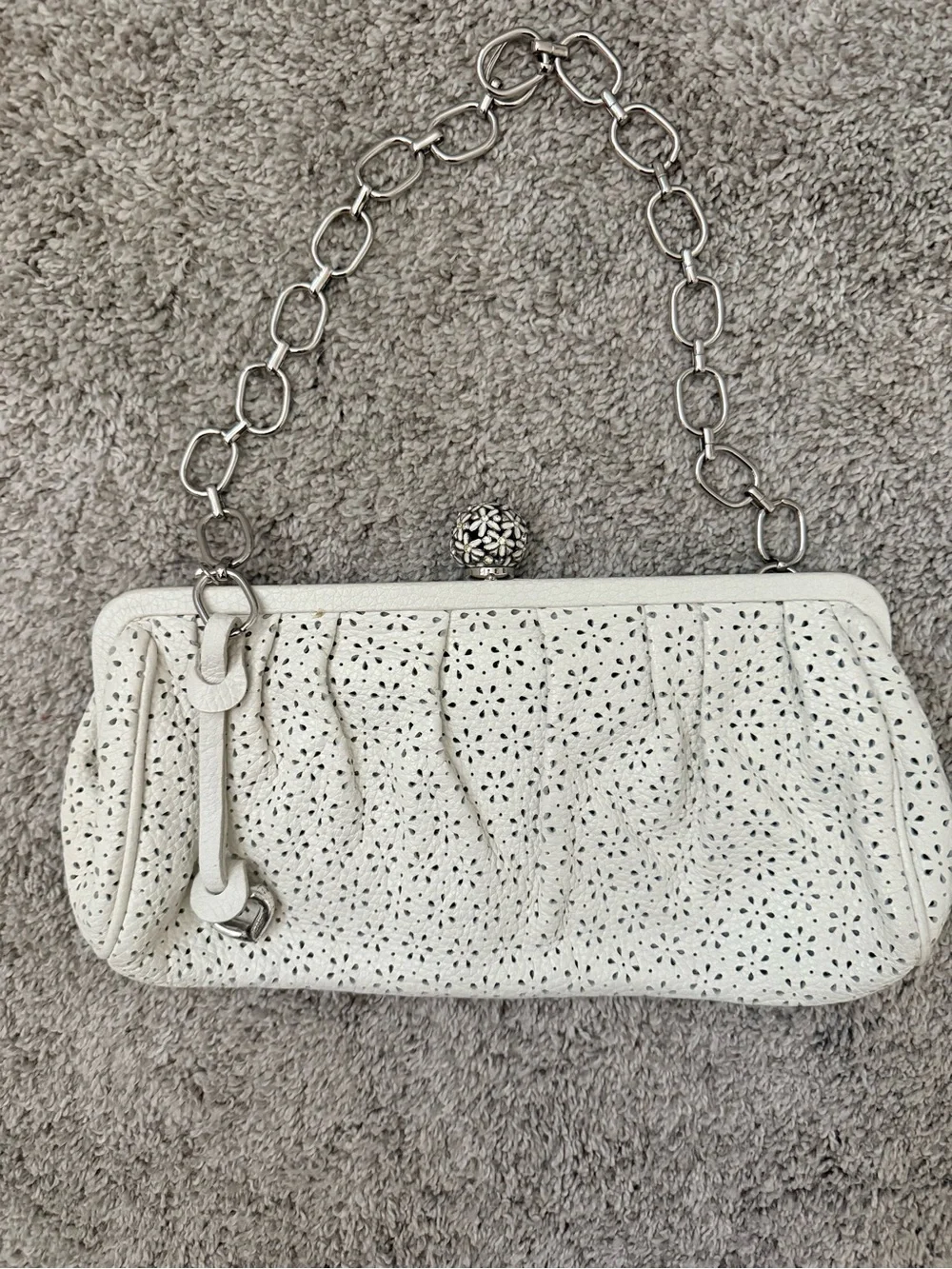 Brighton White Perforated Shoulder Bag/Clutch with Silver Chain
